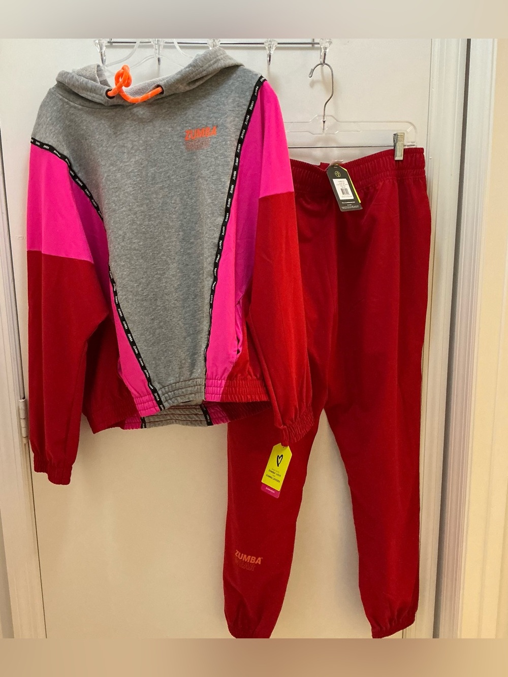 Zumba Fitness Pink & Red Color-block Jogger Pants & Matching Hoodie